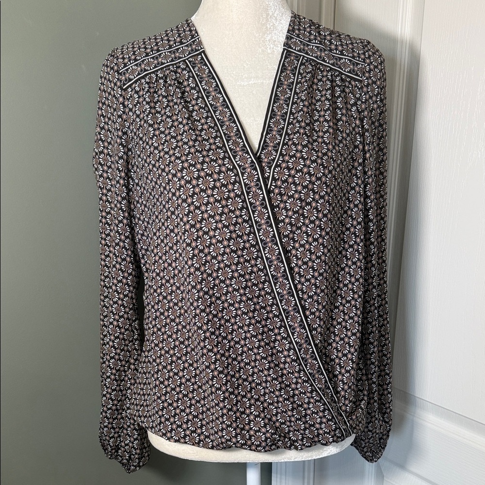 Max Studio Faux Wrap Blouse Small Boho Floral Print Long Sleeve Surplice Top